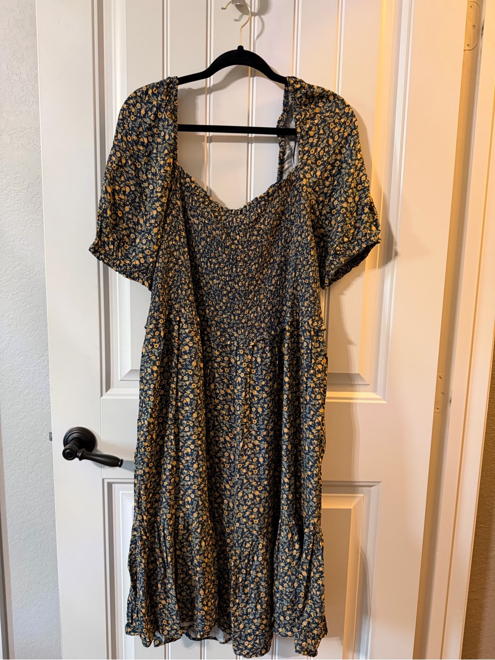 Time and Tru Navy Floral Midi Dress with Yellow Accents